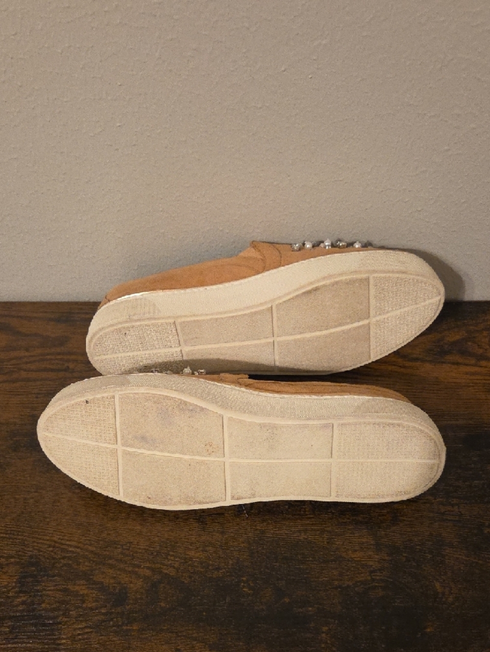 Stuart Weitzman Tan Crystal & Pearl Embellished Slip-On Loafers - Picture 6 of 10